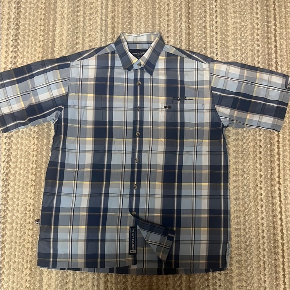 Vtg Y2K Phat Farm Men's Blue Plaid S/S Shirt Size Medium